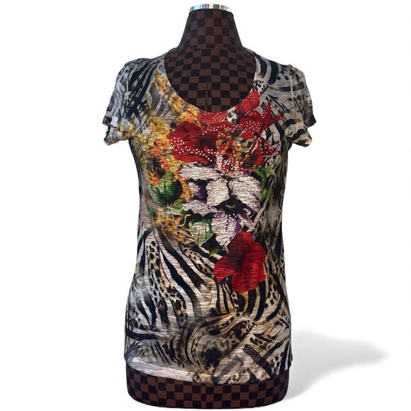 Vtg Y2K Cache Embellished Graphic Top Size Medium Rhinestone Animal Print AOP - Picture 2 of 10